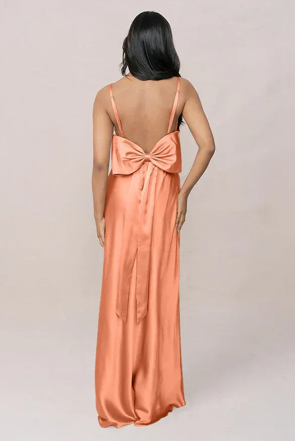 Peach Spaghetti Strap Satin High Slit Wedding Dress - Yihuiw by Yihuiw