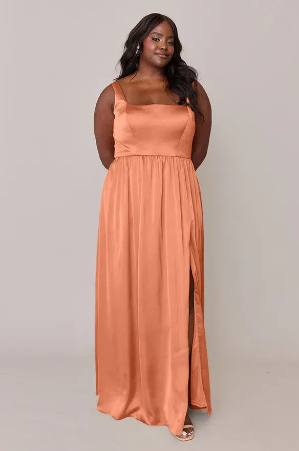 Peach Spaghetti Strap Satin High Slit Wedding Dress - Yihuiw by Yihuiw