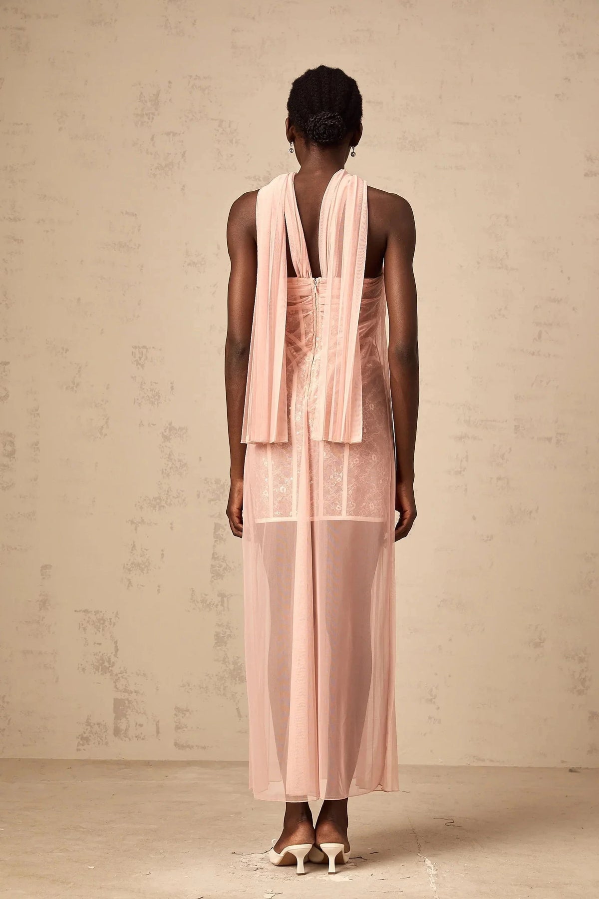 Peach Strapless Maxi Dress with Sheer Pleated Detail Monique ribbon-design pleated tulle maxi dress in Pink Evening Dress by YiHuiw