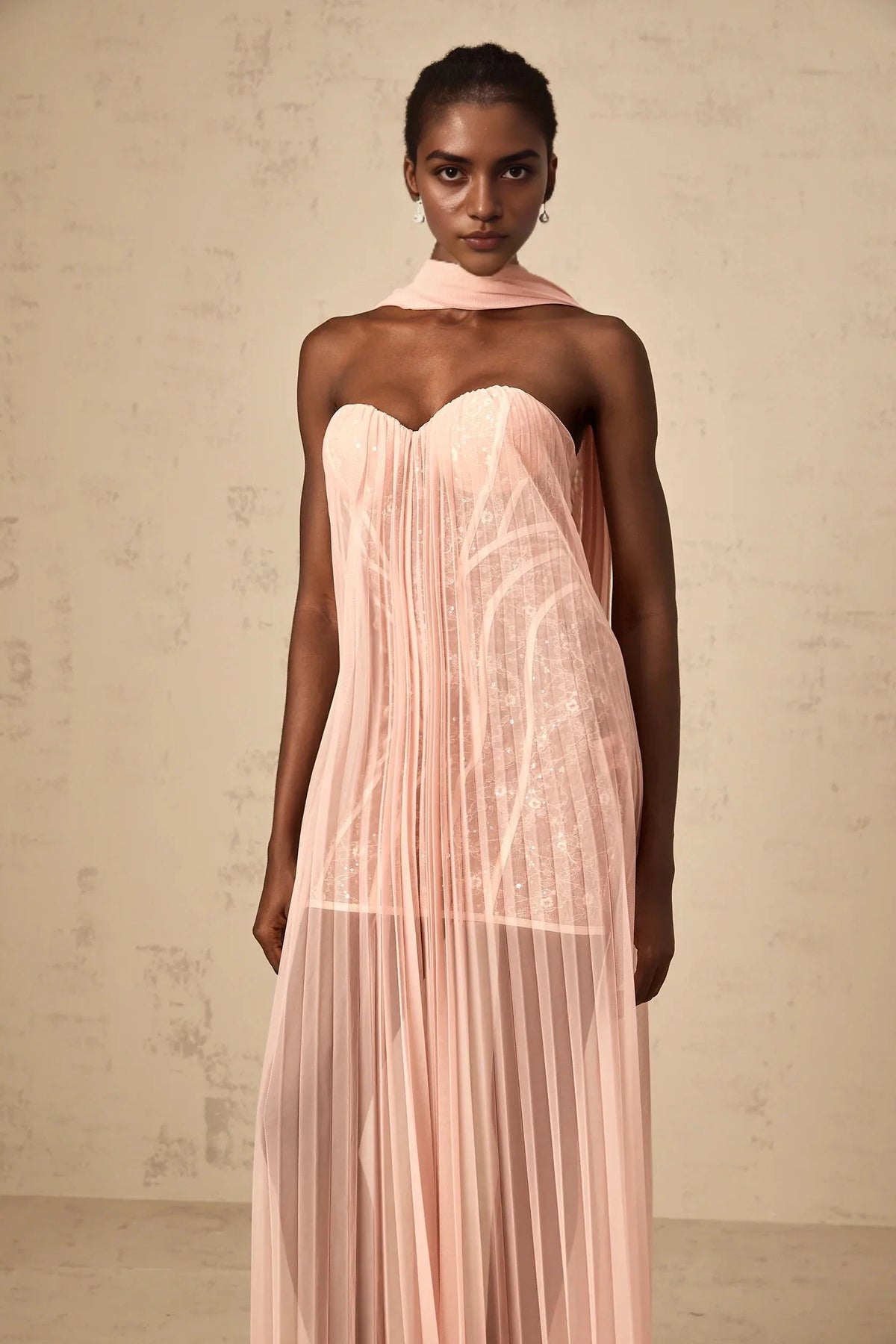 Peach Strapless Maxi Dress with Sheer Pleated Detail Monique ribbon-design pleated tulle maxi dress in Pink Evening Dress by YiHuiw