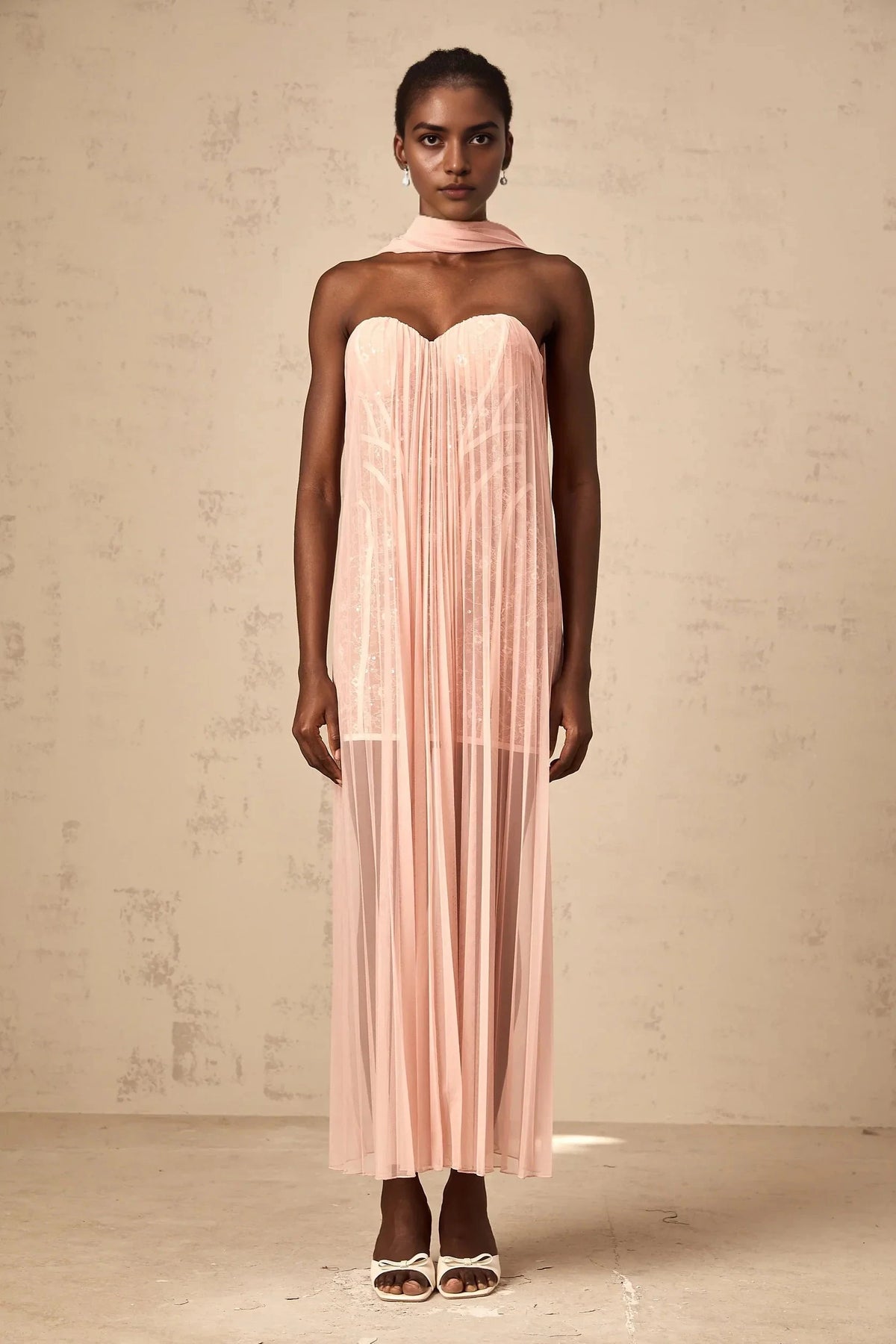 Peach Strapless Maxi Dress with Sheer Pleated Detail Monique ribbon-design pleated tulle maxi dress in Pink Evening Dress by YiHuiw