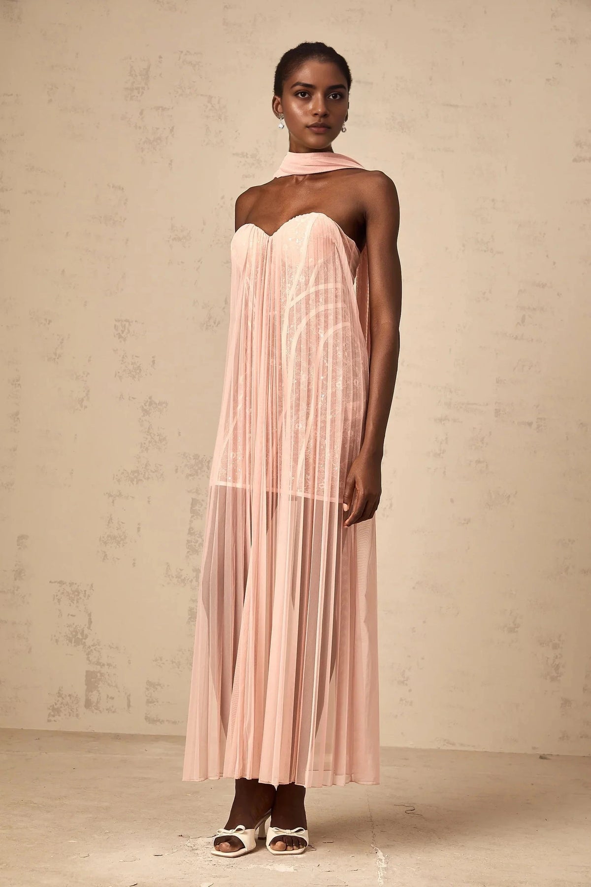 Peach Strapless Maxi Dress with Sheer Pleated Detail Monique ribbon-design pleated tulle maxi dress in Pink Evening Dress by YiHuiw