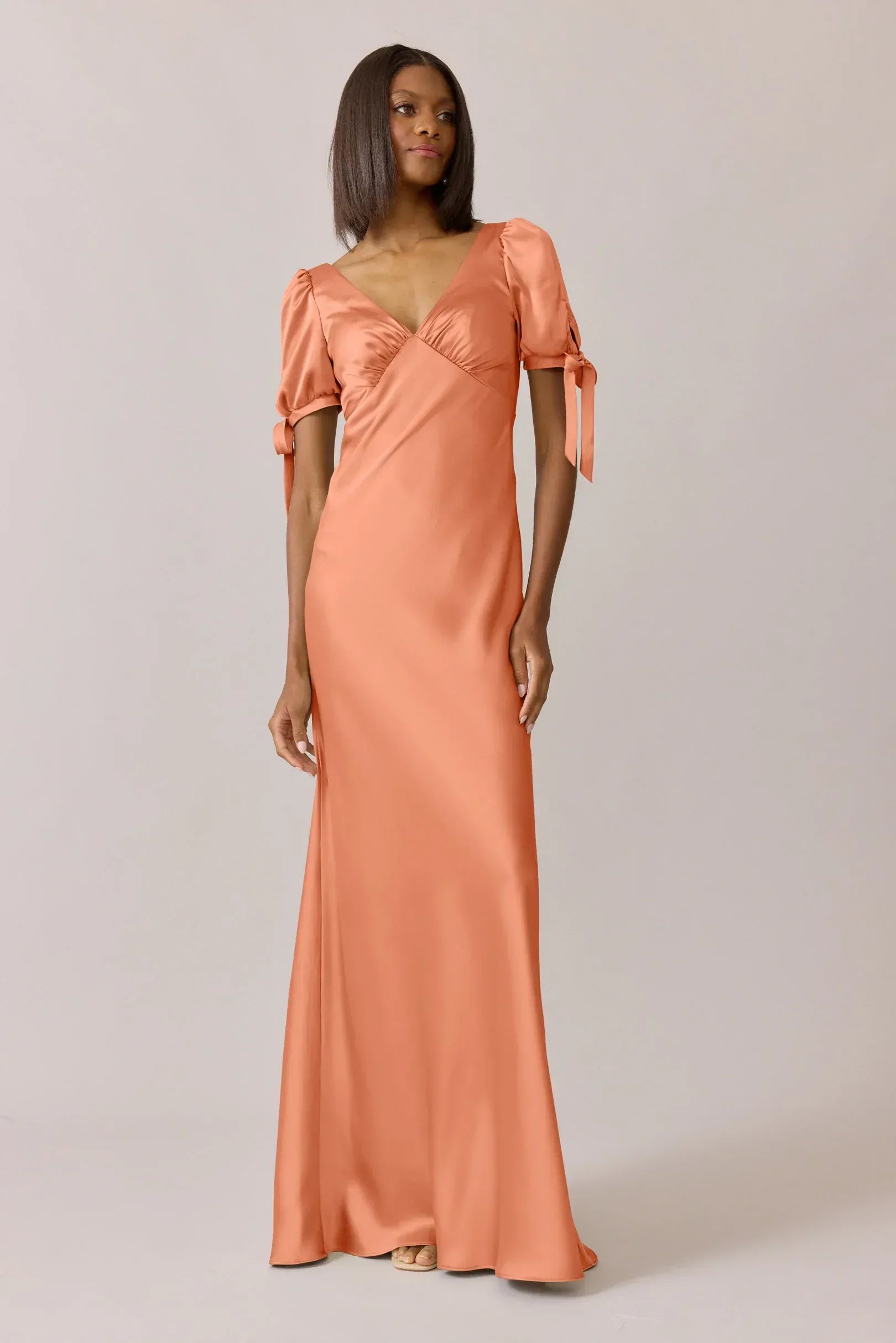 Peach V-Neck Satin Puff Sleeve Wedding Dress - Yihuiw by Yihuiw