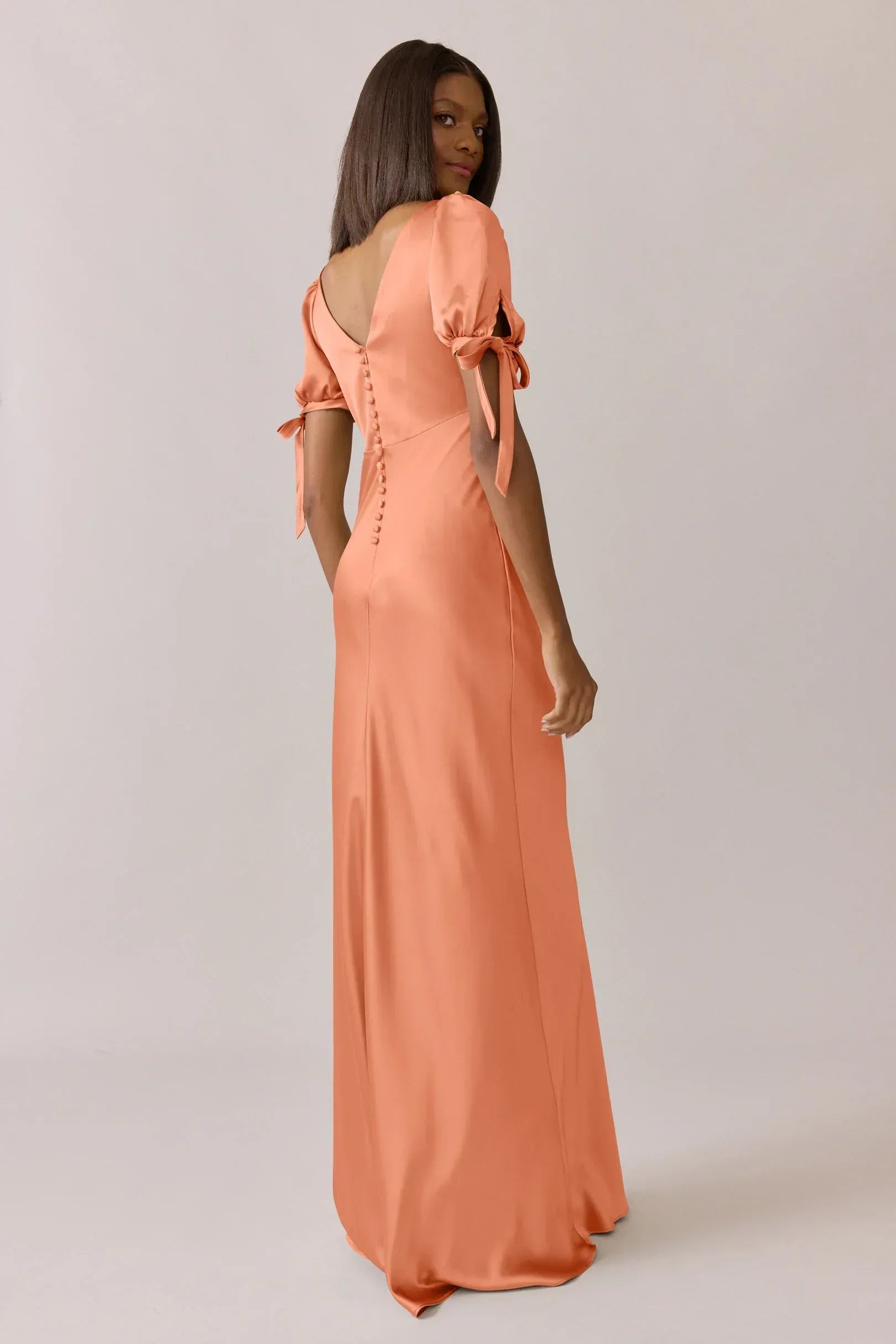Peach V-Neck Satin Puff Sleeve Wedding Dress - Yihuiw by Yihuiw