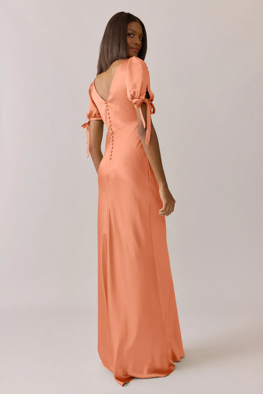 Peach V-Neck Satin Puff Sleeve Wedding Dress - Yihuiw by Yihuiw