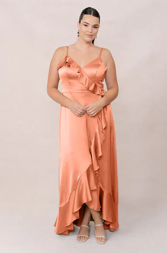 Peach V-Neck Satin Ruffled Wedding Dress - Yihuiw by Yihuiw