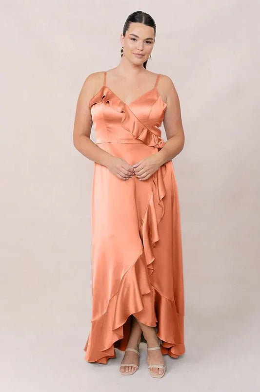Peach V-Neck Satin Ruffled Wedding Dress - Yihuiw by Yihuiw
