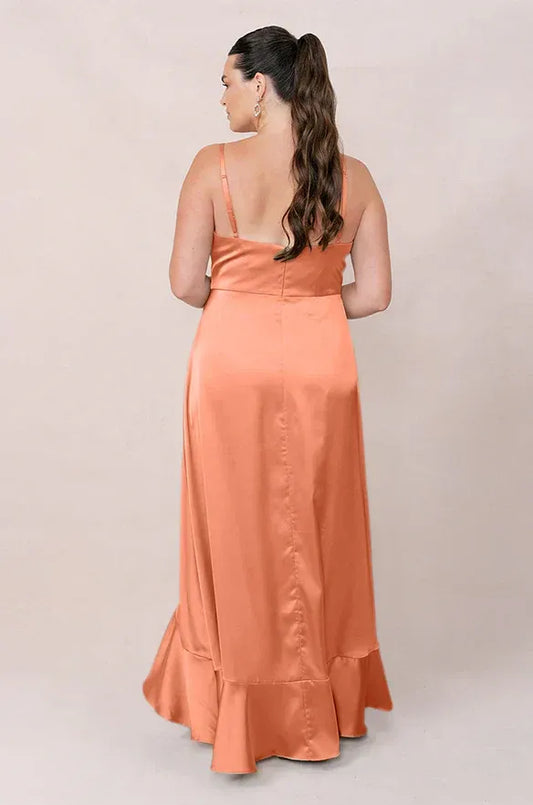 Peach V-Neck Satin Ruffled Wedding Dress - Yihuiw by Yihuiw