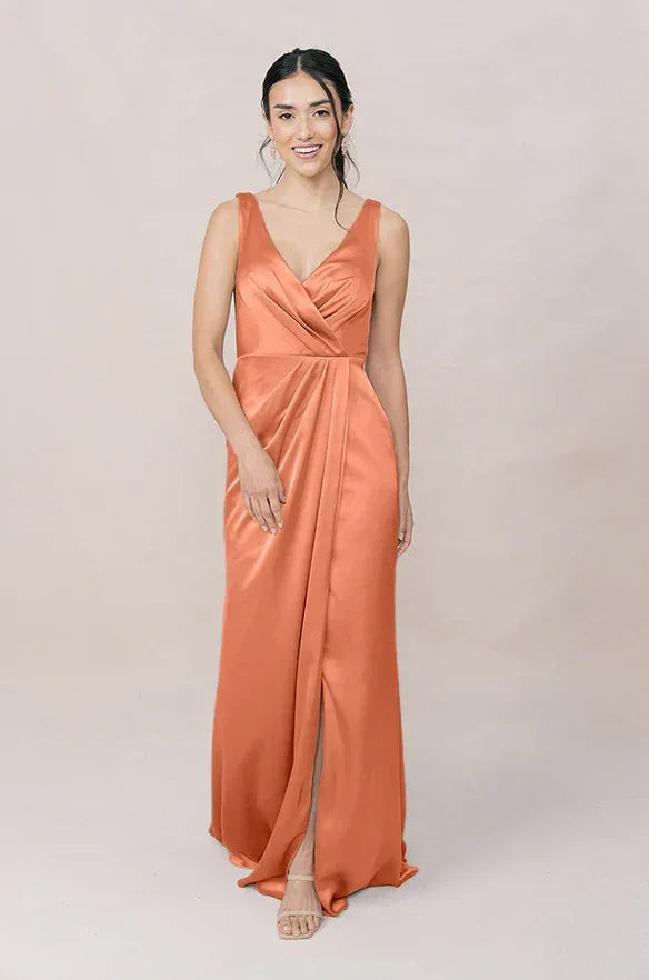 Peach V-Neck Satin High Slit Wedding Dress - Yihuiw by Yihuiw