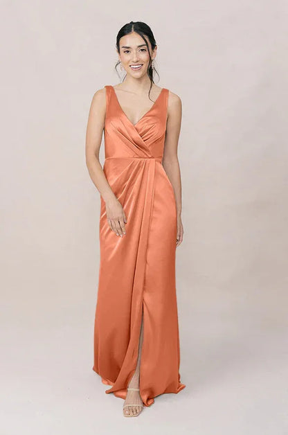 Peach V-Neck Satin High Slit Wedding Dress - Yihuiw by Yihuiw