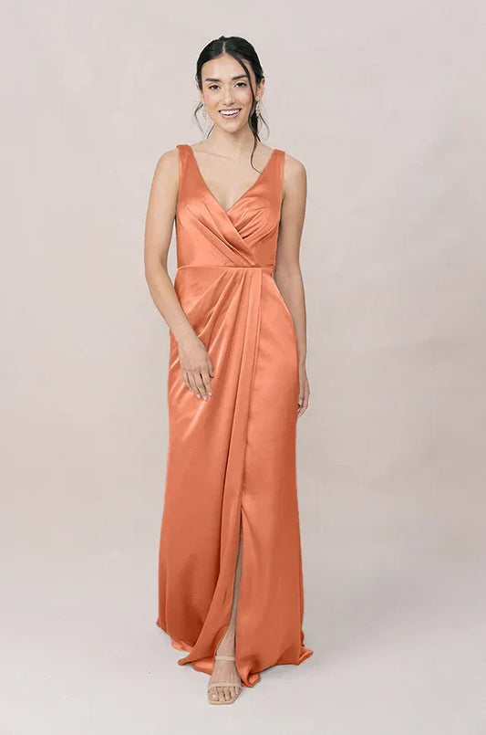 Peach V-Neck Satin High Slit Wedding Dress - Yihuiw by Yihuiw