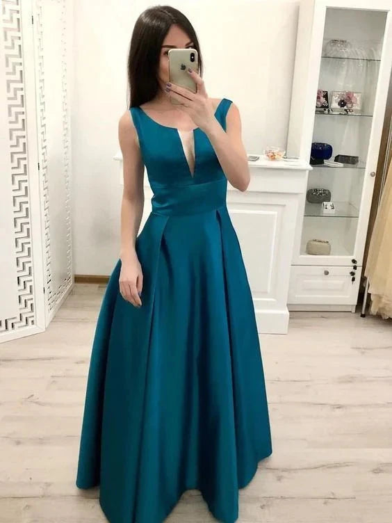 Peacock Blue Satin Dress Sleeveless Square Collar Carefully Machine Deep V Hollow by YiHuiw