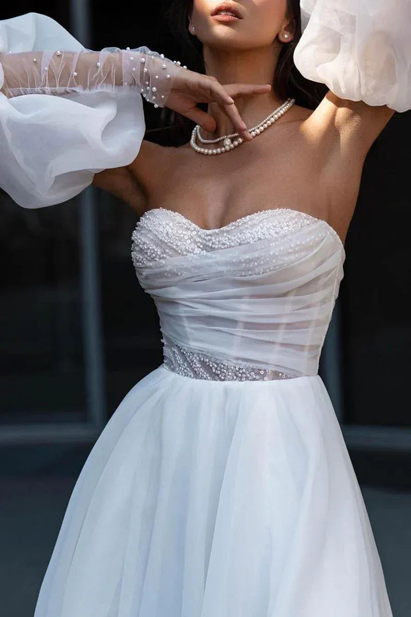 A-Line Off-Shoulder Organza Puff Sleeve High Slit Wedding Dress - Yihuiw by Yihuiw