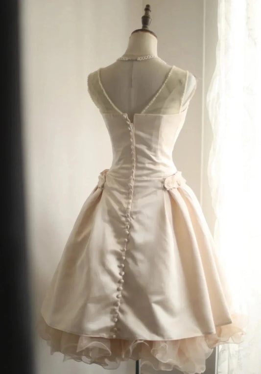 Pearl Beads Fashion Short Tulle Satin Princess Dress simple gentle atmospheric and unique desi Bring summer colors to enhance whiteness by YiHuiw