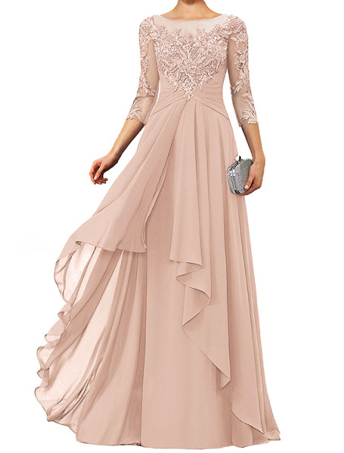 Sheath / Column Mother of the Bride Dress Elegant Jewel Neck Floor Length Chiffon Lace 3/4 Length Sleeve with Appliques by YiHuiw
