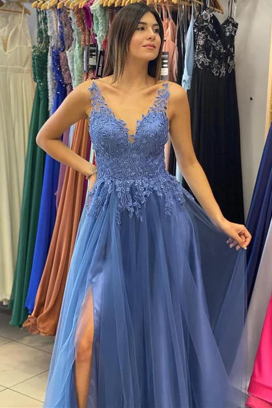 Dusty Blue Tulle Prom Dress with Lace Appliqué Bodice and Spaghetti Straps