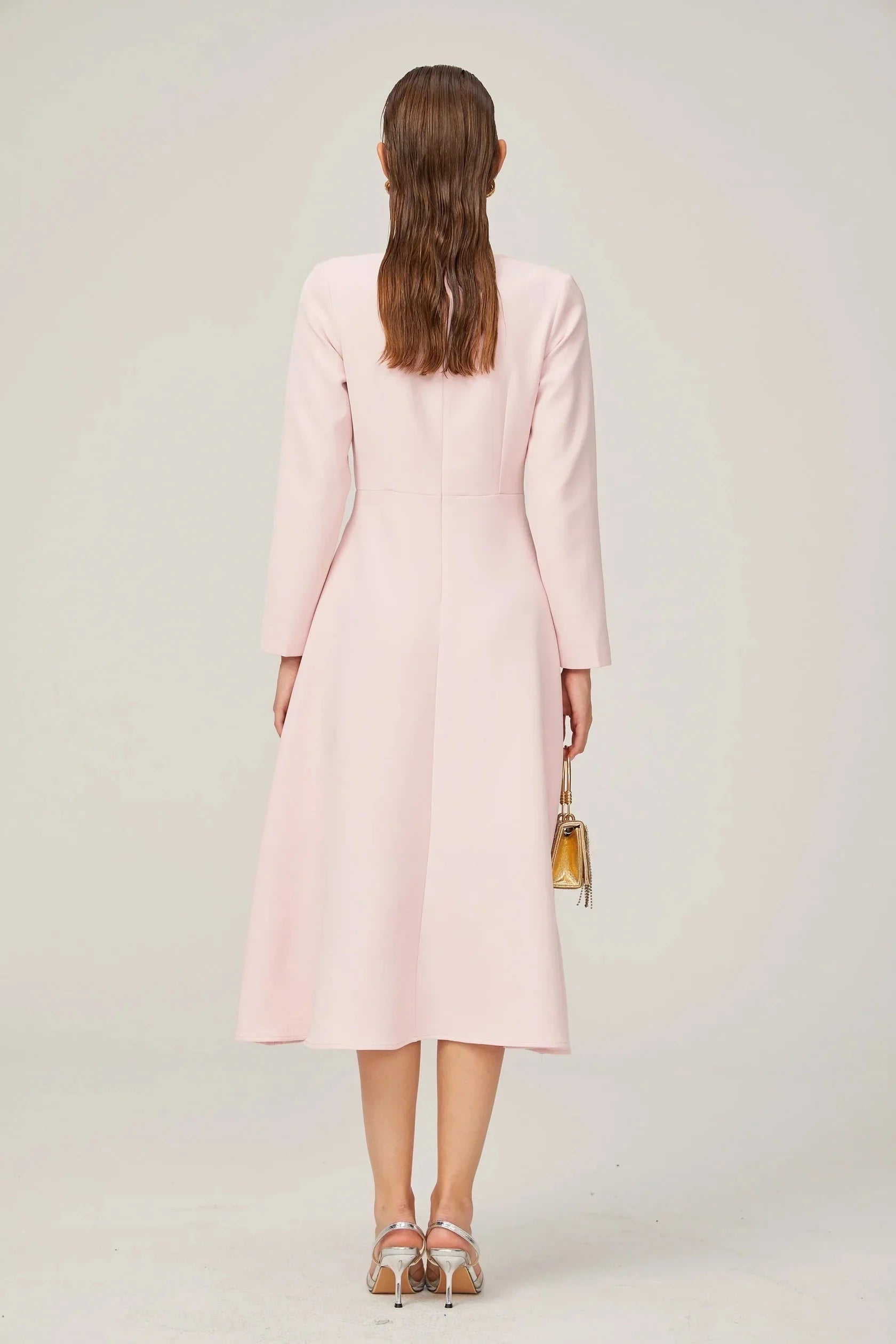 Pink Bow - Accent Long Sleeve Midi Dress pink bow-detail split-neck midi dress Evening Dress by YiHuiw