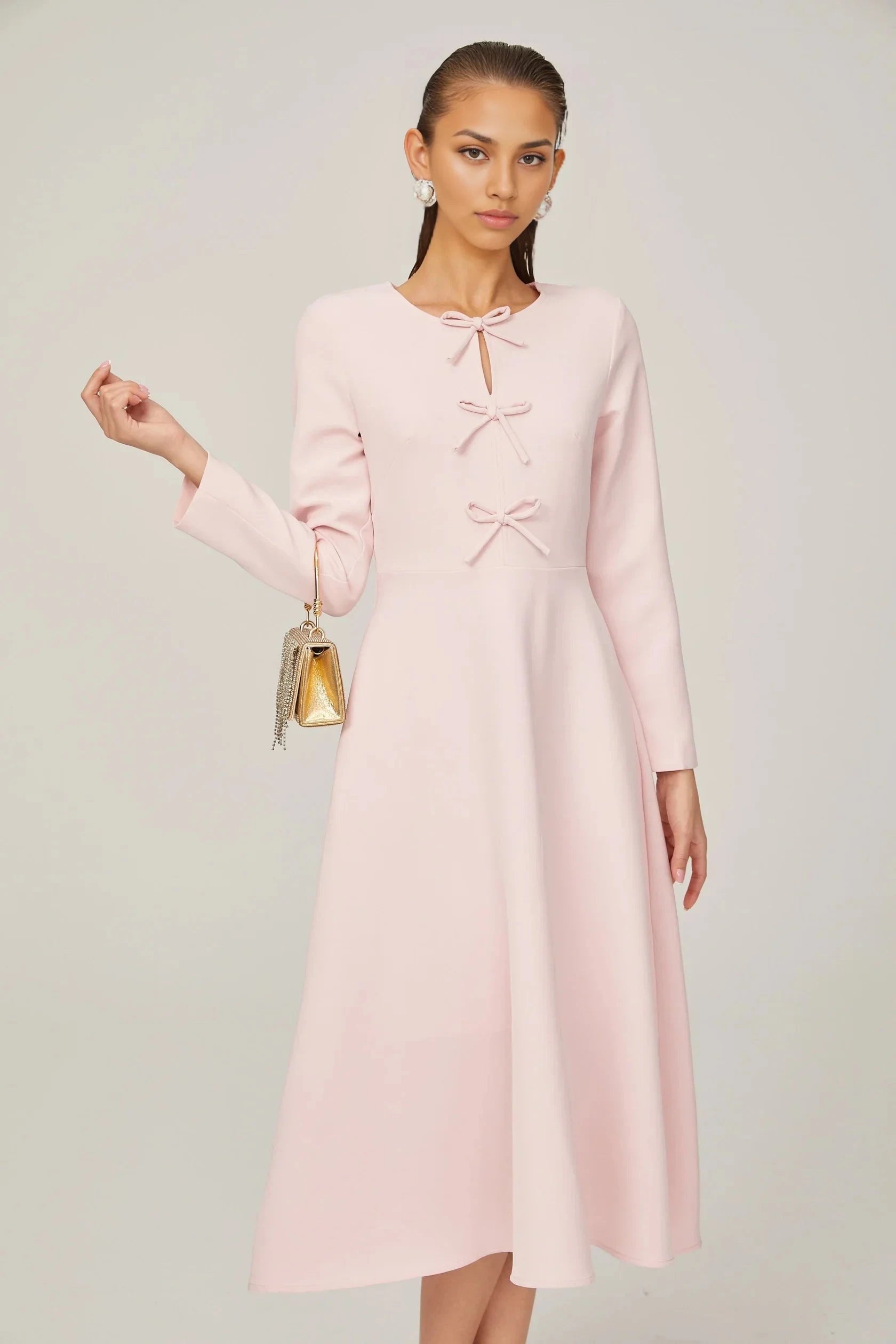 Pink Bow - Accent Long Sleeve Midi Dress pink bow-detail split-neck midi dress Evening Dress by YiHuiw