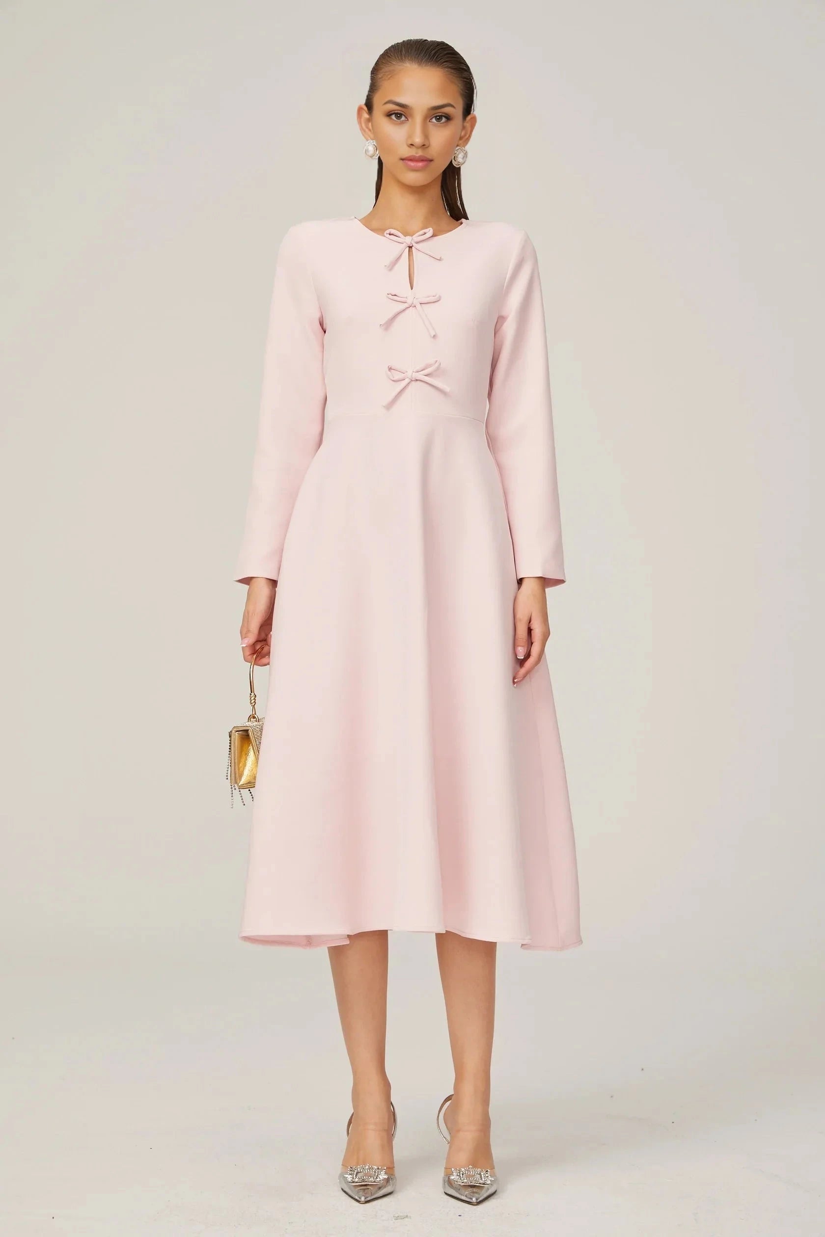 Pink Bow - Accent Long Sleeve Midi Dress pink bow-detail split-neck midi dress Evening Dress by YiHuiw