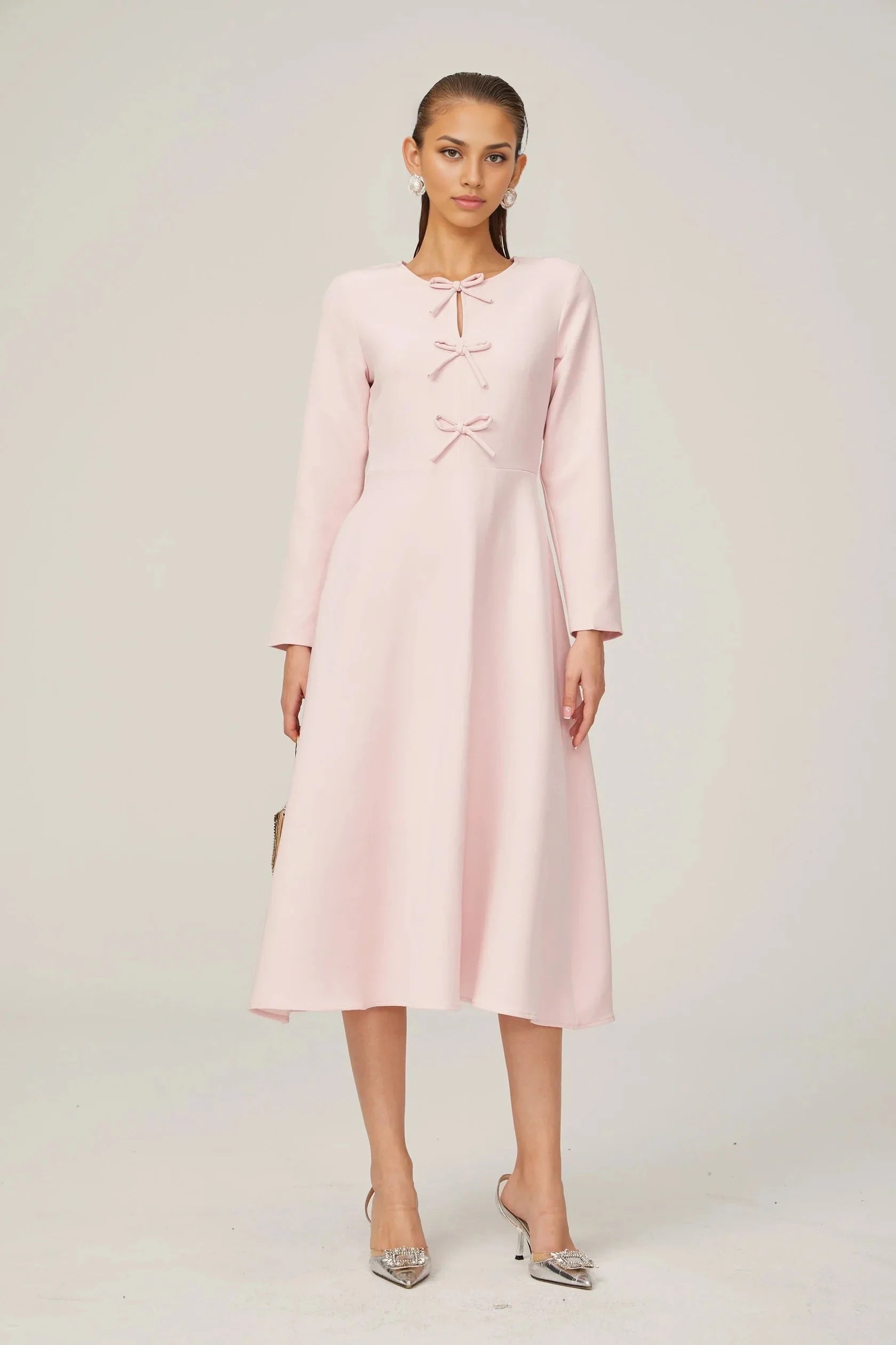 Pink Bow - Accent Long Sleeve Midi Dress pink bow-detail split-neck midi dress Evening Dress by YiHuiw