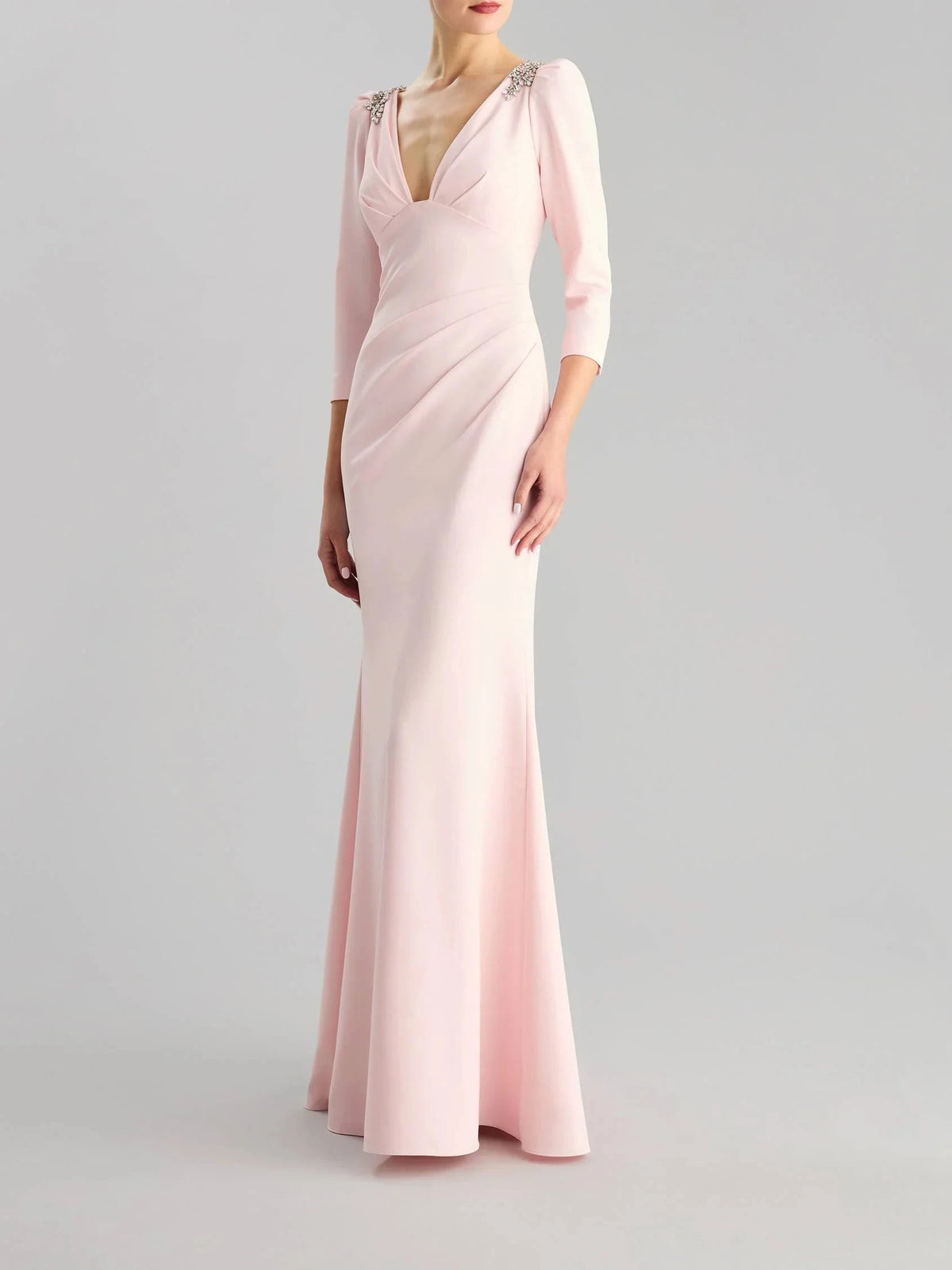 Pink Deep V-Neck Maxi Dress with Crystal Shoulder Detail Fit & flare party dress with a V neckline and three-quarter-length sleeves Mother of the Bride Dresses by YiHuiw