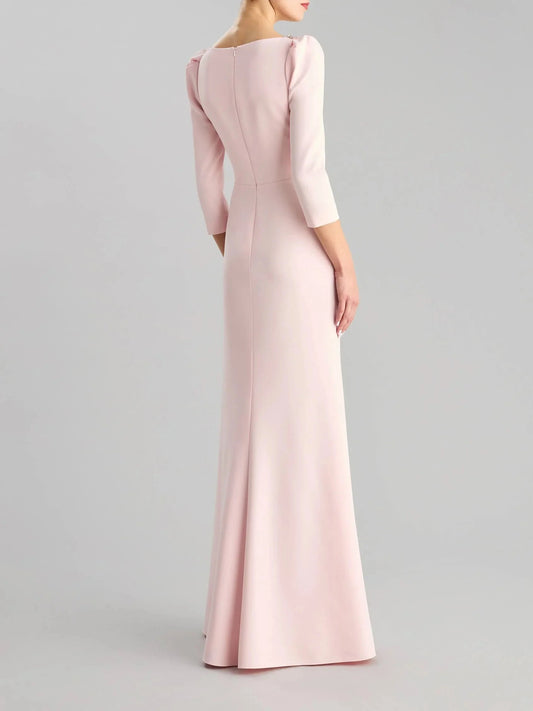 Pink Deep V-Neck Maxi Dress with Crystal Shoulder Detail Fit & flare party dress with a V neckline and three-quarter-length sleeves Mother of the Bride Dresses by YiHuiw