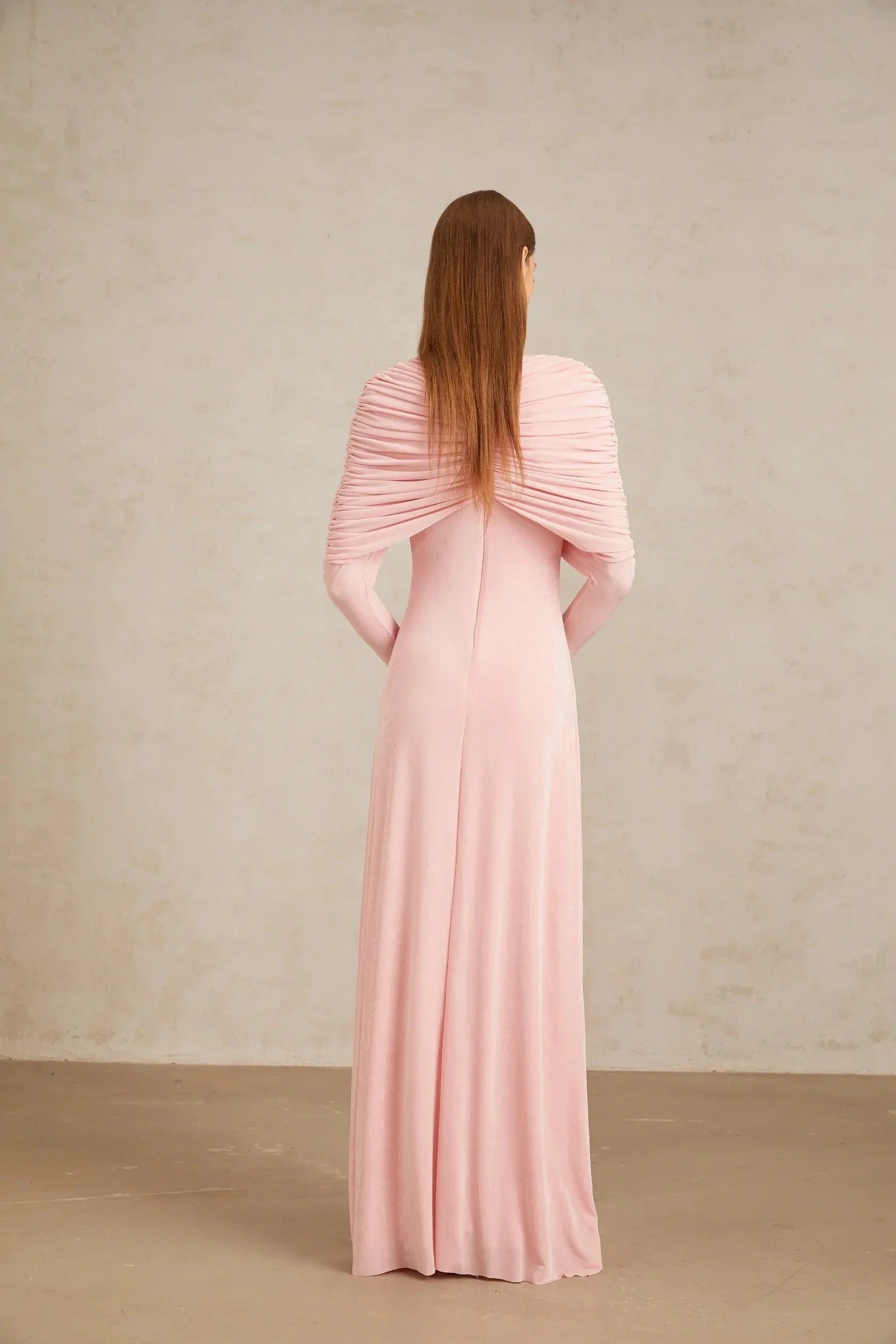 Pink Draped Knot - Front Long - Sleeve Maxi Dress Moderne Pink Shawl Panel Ruched Maxi Dress Evening Dress by YiHuiw