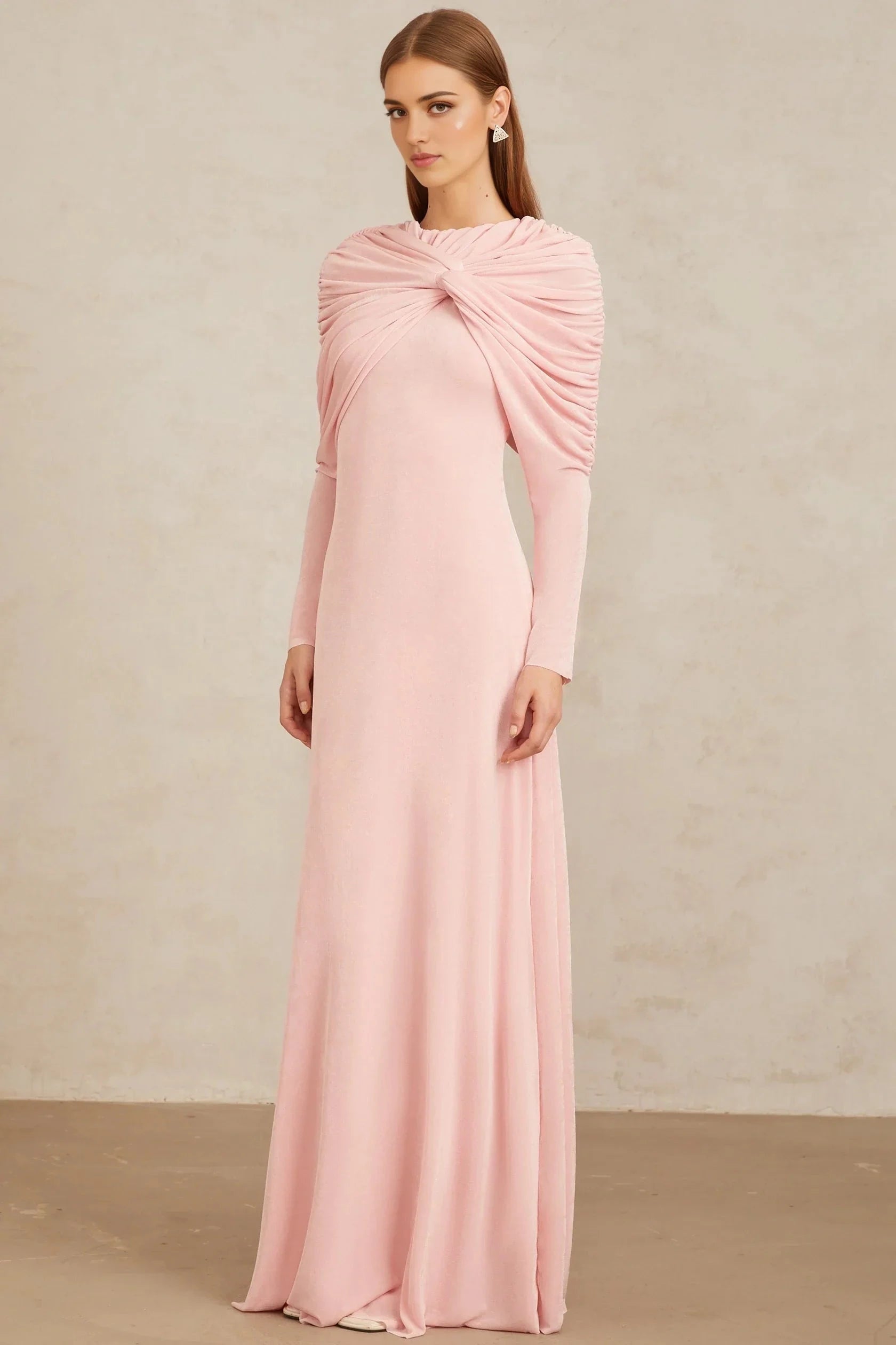 Pink Draped Knot - Front Long - Sleeve Maxi Dress Moderne Pink Shawl Panel Ruched Maxi Dress Evening Dress by YiHuiw