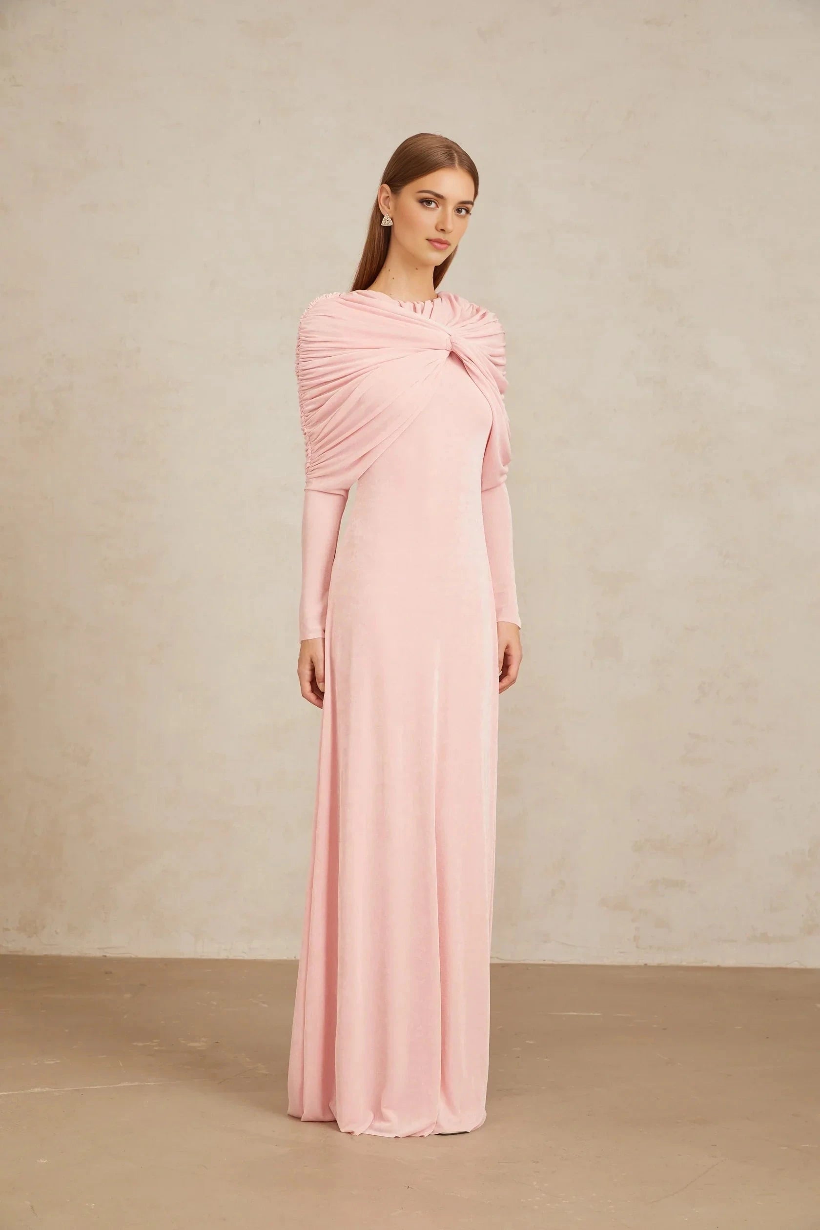 Pink Draped Knot - Front Long - Sleeve Maxi Dress Moderne Pink Shawl Panel Ruched Maxi Dress Evening Dress by YiHuiw