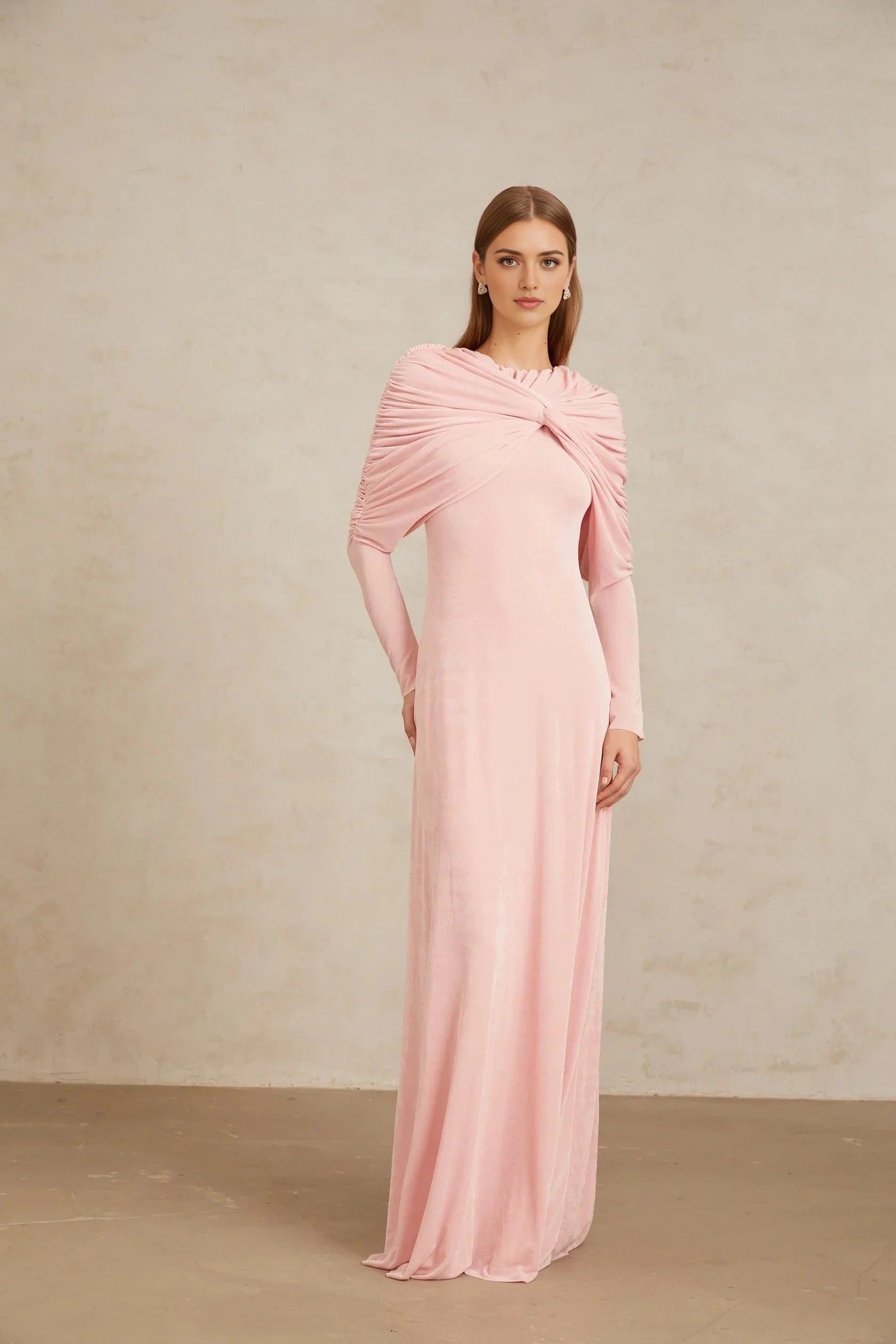 Pink Draped Knot - Front Long - Sleeve Maxi Dress Moderne Pink Shawl Panel Ruched Maxi Dress Evening Dress by YiHuiw