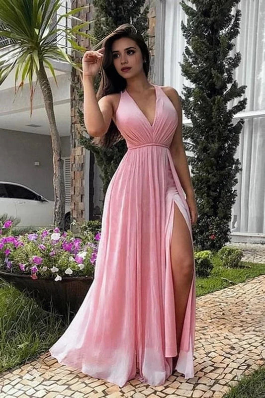 Pink Halter Neck Chiffon Maxi Dress with High Slit Fashion V-Neck Pink Chiffon Side Slite Prom Dress Custom Made Long A-Line Formal Evening Dress Party Dresses by YiHuiw
