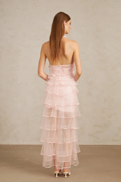 Pink Halter Neck Ruffled Tulle Maxi Dress Nonchalante Pink Tiered Halterneck Maxi Dress Evening Dress by YiHuiw