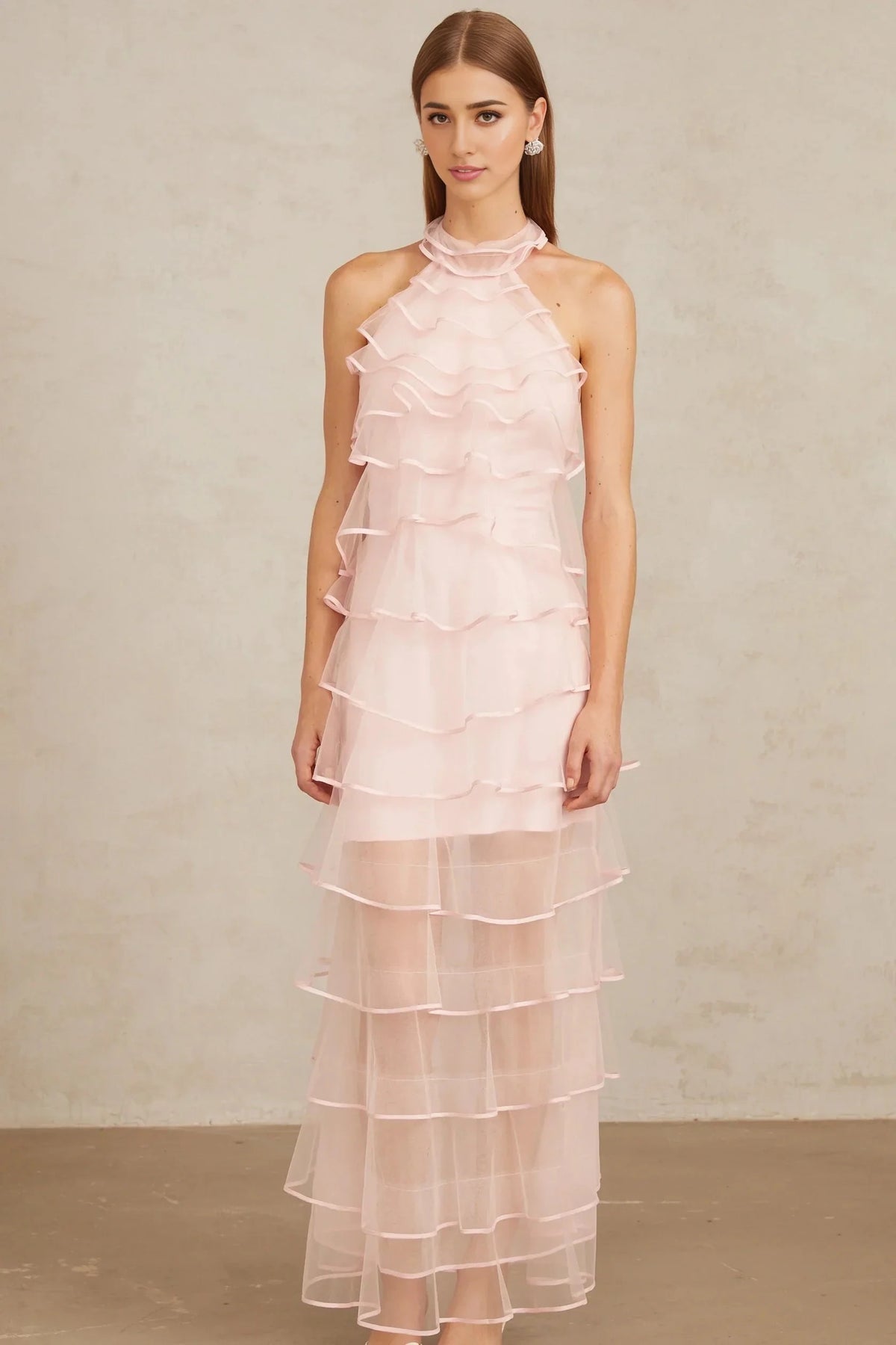 Pink Halter Neck Ruffled Tulle Maxi Dress Nonchalante Pink Tiered Halterneck Maxi Dress Evening Dress by YiHuiw