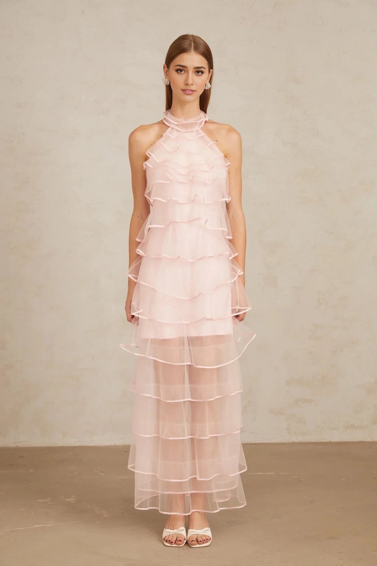 Pink Halter Neck Ruffled Tulle Maxi Dress Nonchalante Pink Tiered Halterneck Maxi Dress Evening Dress by YiHuiw
