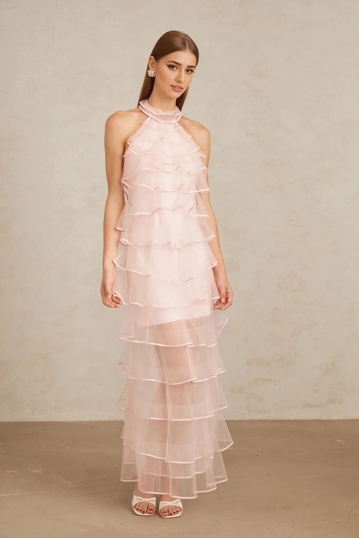 Pink Halter Neck Ruffled Tulle Maxi Dress Nonchalante Pink Tiered Halterneck Maxi Dress Evening Dress by YiHuiw