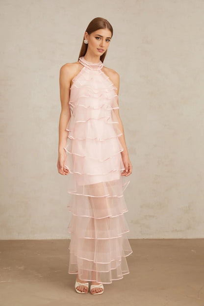 Pink Halter Neck Ruffled Tulle Maxi Dress Nonchalante Pink Tiered Halterneck Maxi Dress Evening Dress by YiHuiw