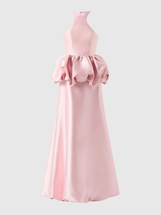 Pink High Neck Satin Maxi Dress with Ruffled Waist Fit & flare bridesmaid dress with halter neckline in mikado Mother of the Bride Dresses by YiHuiw