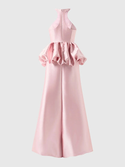 Pink High Neck Satin Maxi Dress with Ruffled Waist Fit & flare bridesmaid dress with halter neckline in mikado Mother of the Bride Dresses by YiHuiw