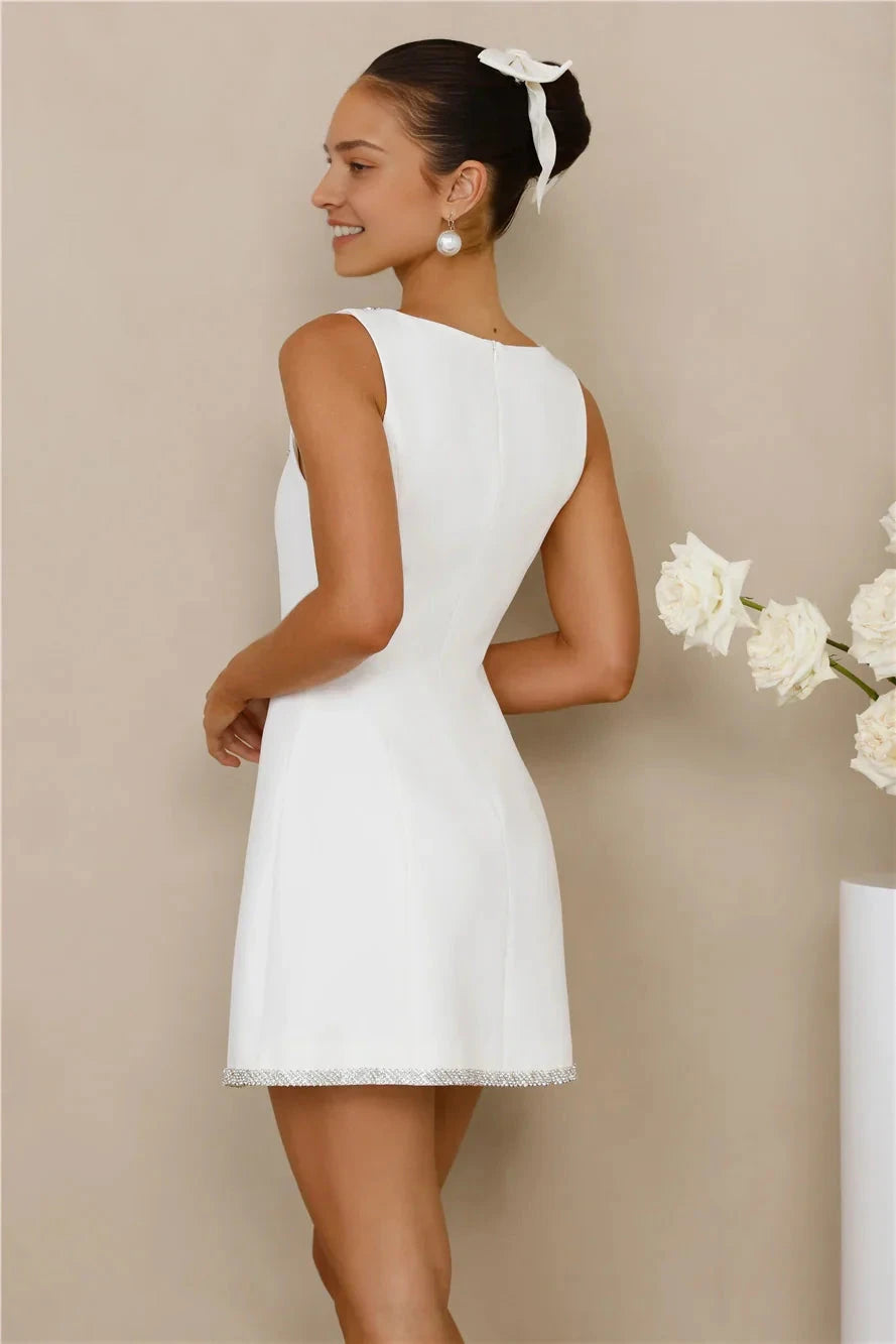 White Square Neck Mini Dress with Rhinestone Trim Flared skirt Diamante neckline and hem. Short Prom Dress by YiHuiw