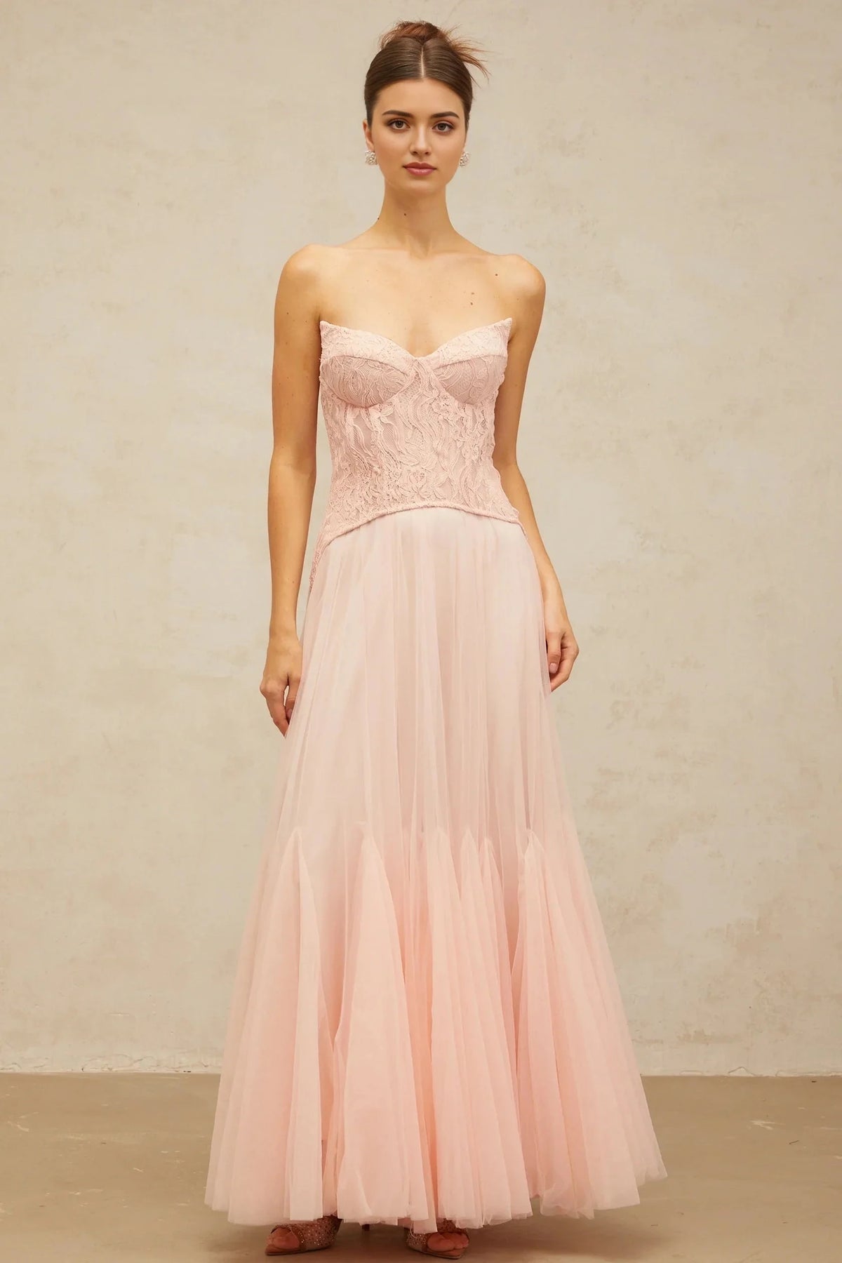 Pink Lace Strapless Tulle Maxi Dress Ulrique pink lace corset tulle maxi dress Evening Dress by YiHuiw