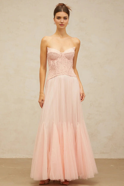 Pink Lace Strapless Tulle Maxi Dress Ulrique pink lace corset tulle maxi dress Evening Dress by YiHuiw