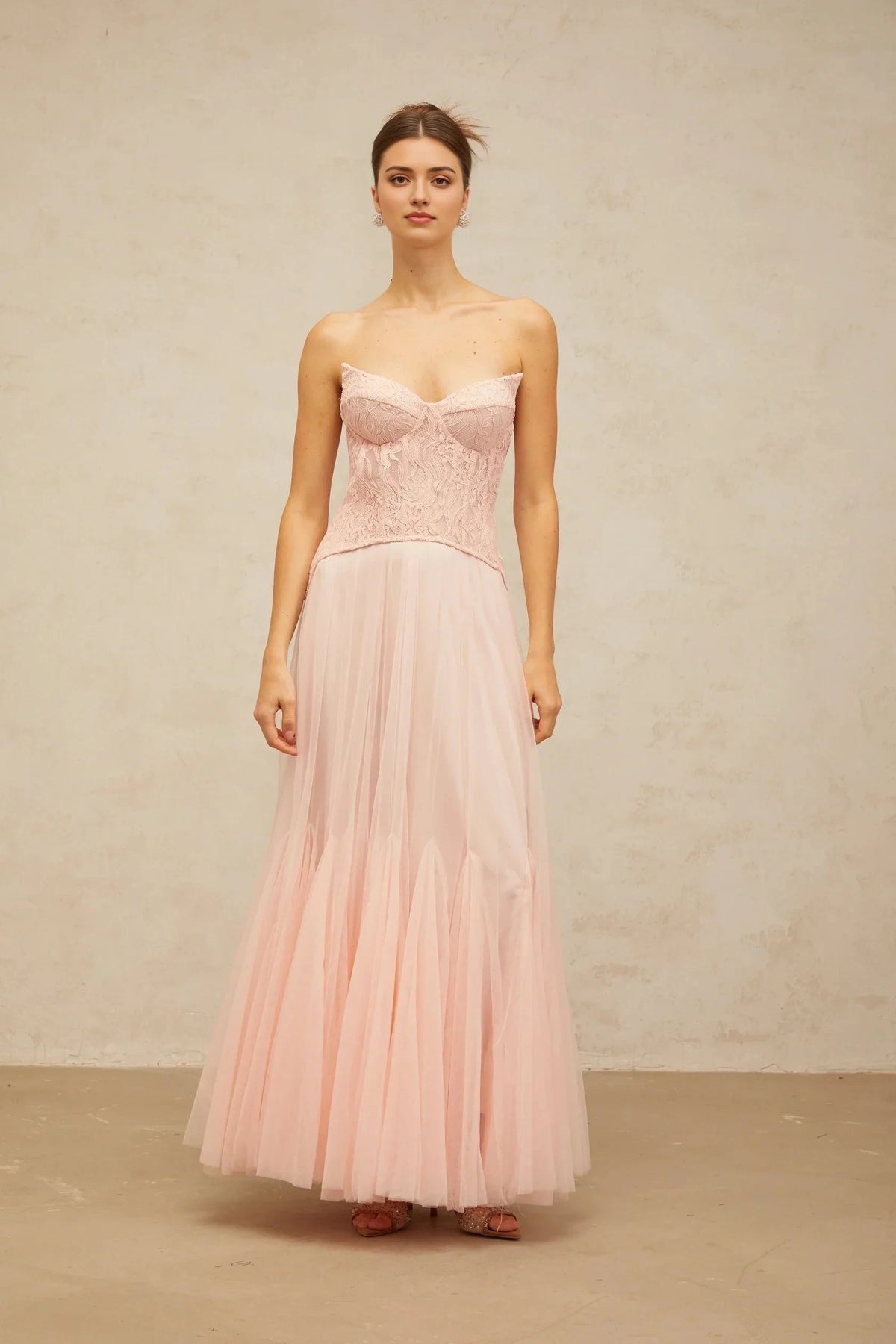 Pink Lace Strapless Tulle Maxi Dress Ulrique pink lace corset tulle maxi dress Evening Dress by YiHuiw