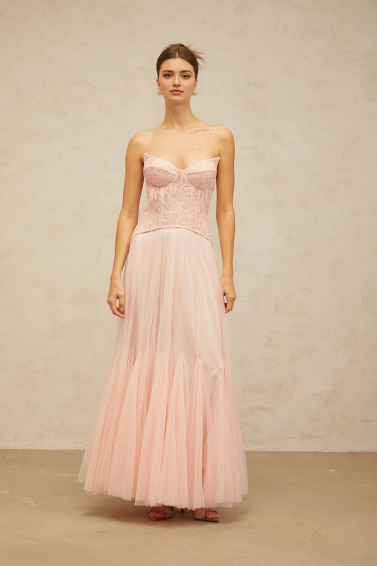 Pink Lace Strapless Tulle Maxi Dress Ulrique pink lace corset tulle maxi dress Evening Dress by YiHuiw