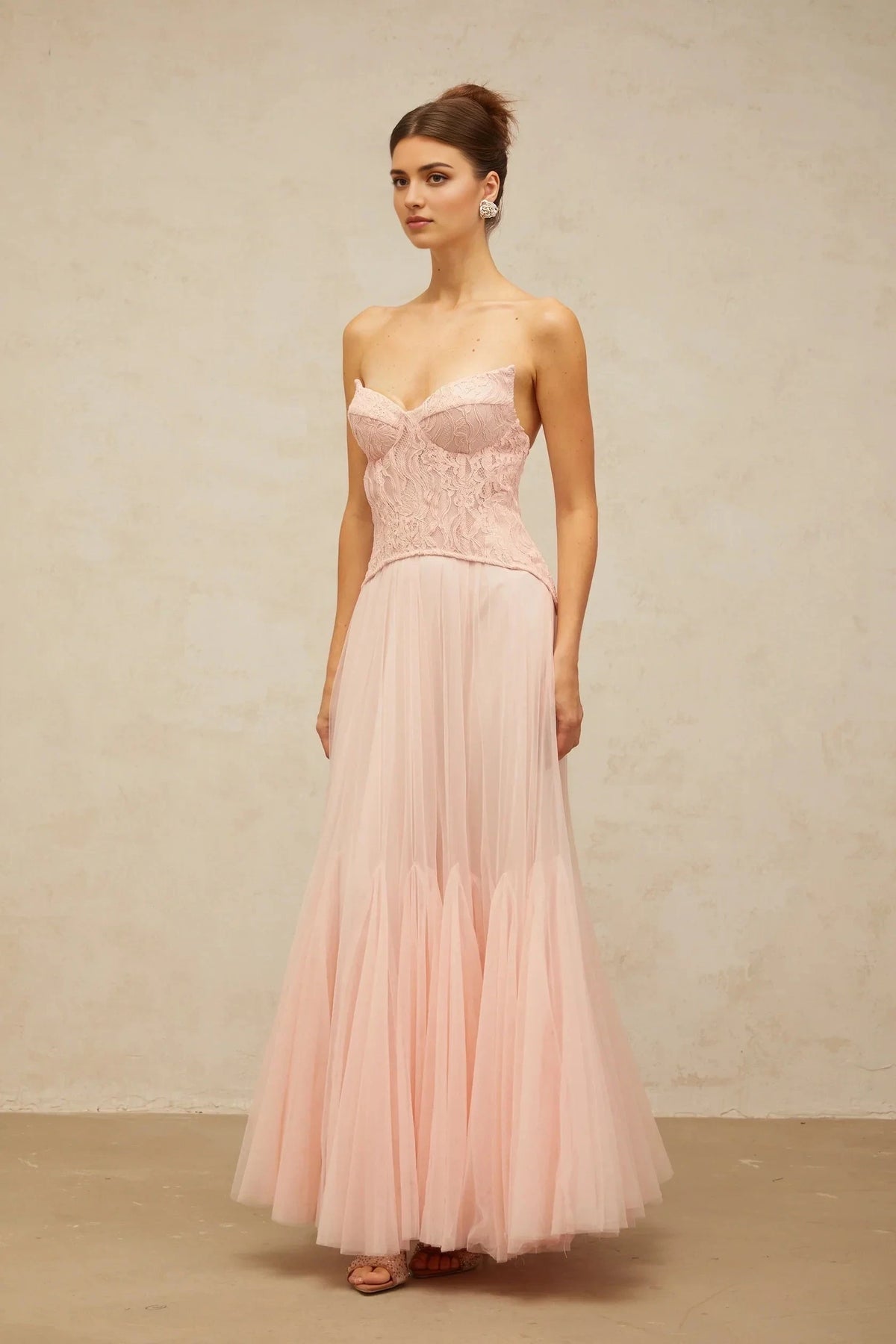 Pink Lace Strapless Tulle Maxi Dress Ulrique pink lace corset tulle maxi dress Evening Dress by YiHuiw