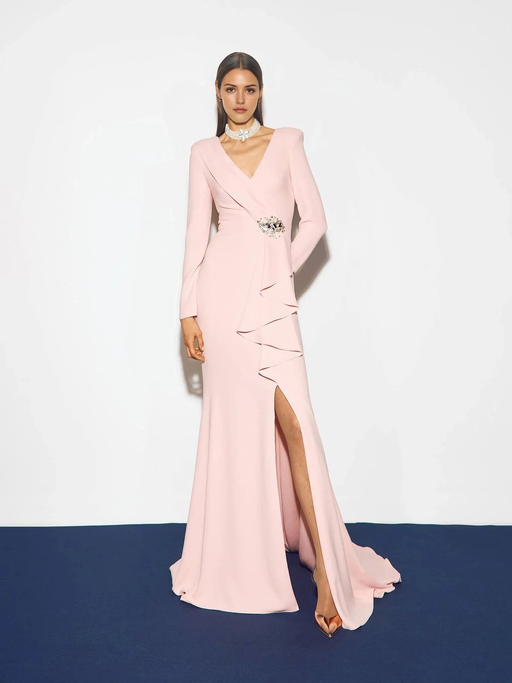 Pink Long Sleeve Ruffle Maxi Dress with Slit Mermaid crepe party dress Mother of the Bride Dresses by YiHuiw