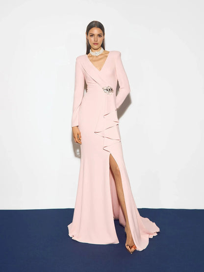 Pink Long Sleeve Ruffle Maxi Dress with Slit Mermaid crepe party dress Mother of the Bride Dresses by YiHuiw