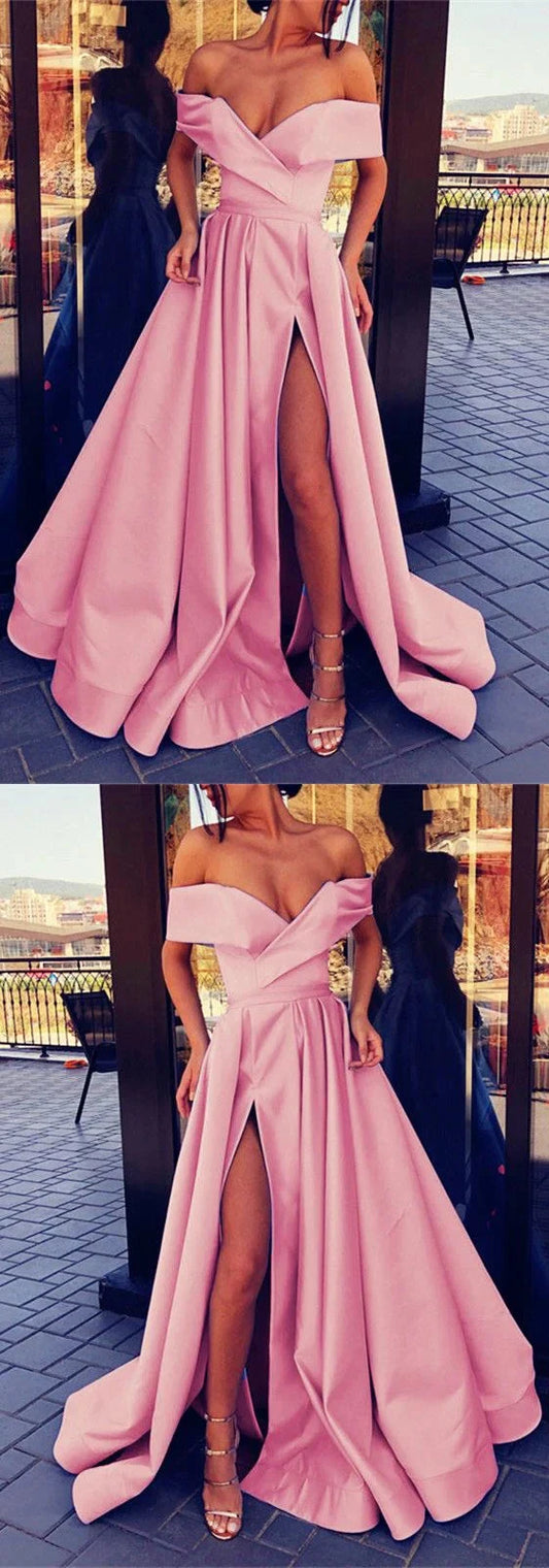 Pink Off-Shoulder Satin Evening Gown with High Sli long pink satin evening gowns off the shoulder prom dress 2019 Party Dresses by YiHuiw