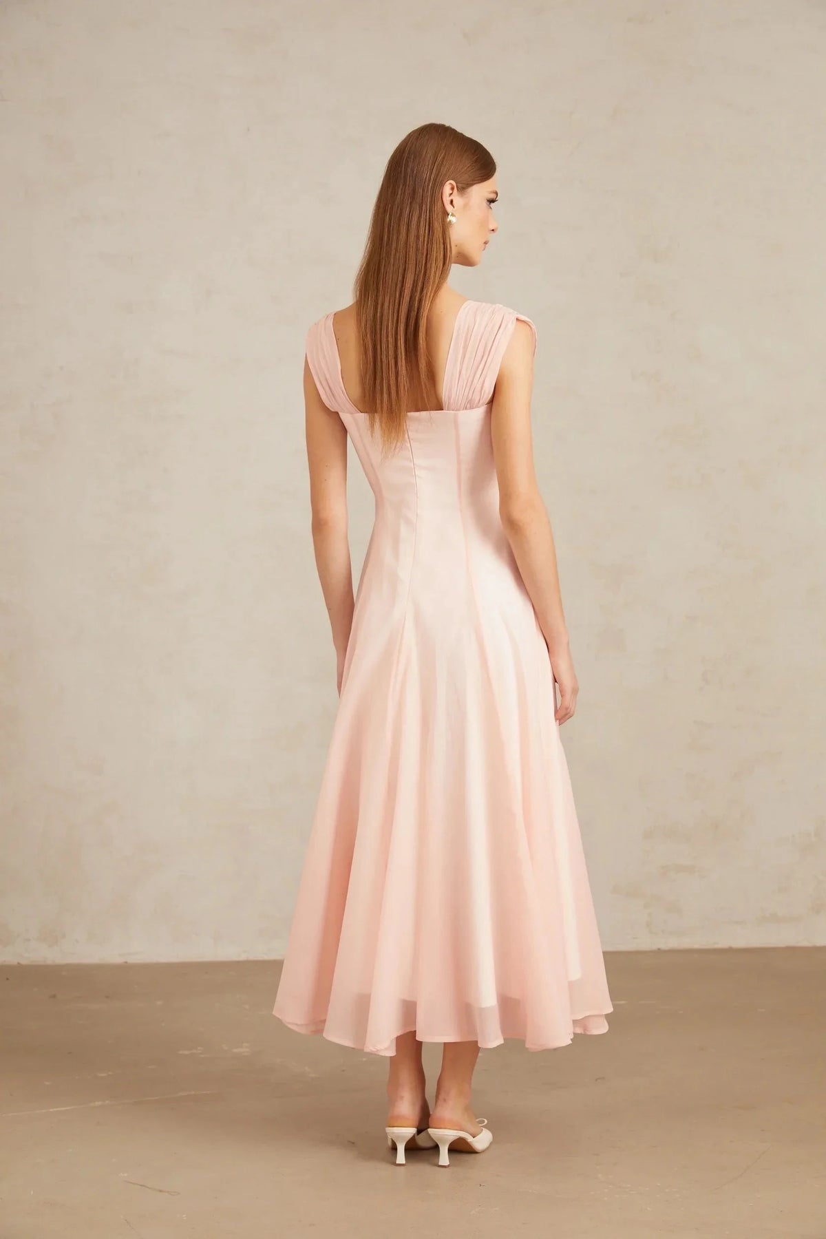 Pink Pleated Strap Sweetheart Neck Midi Dress Pink Flounced Midi Dress Evening Dress by YiHuiw
