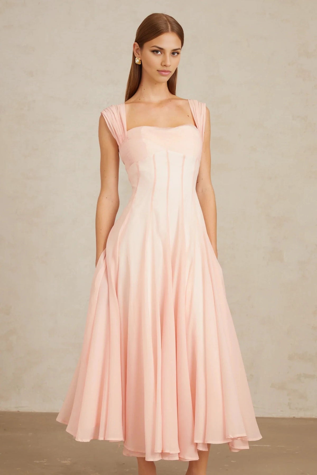 Pink Pleated Strap Sweetheart Neck Midi Dress Pink Flounced Midi Dress Evening Dress by YiHuiw