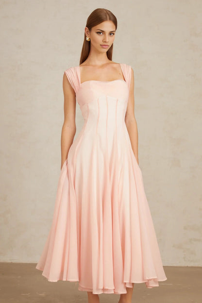 Pink Pleated Strap Sweetheart Neck Midi Dress Pink Flounced Midi Dress Evening Dress by YiHuiw
